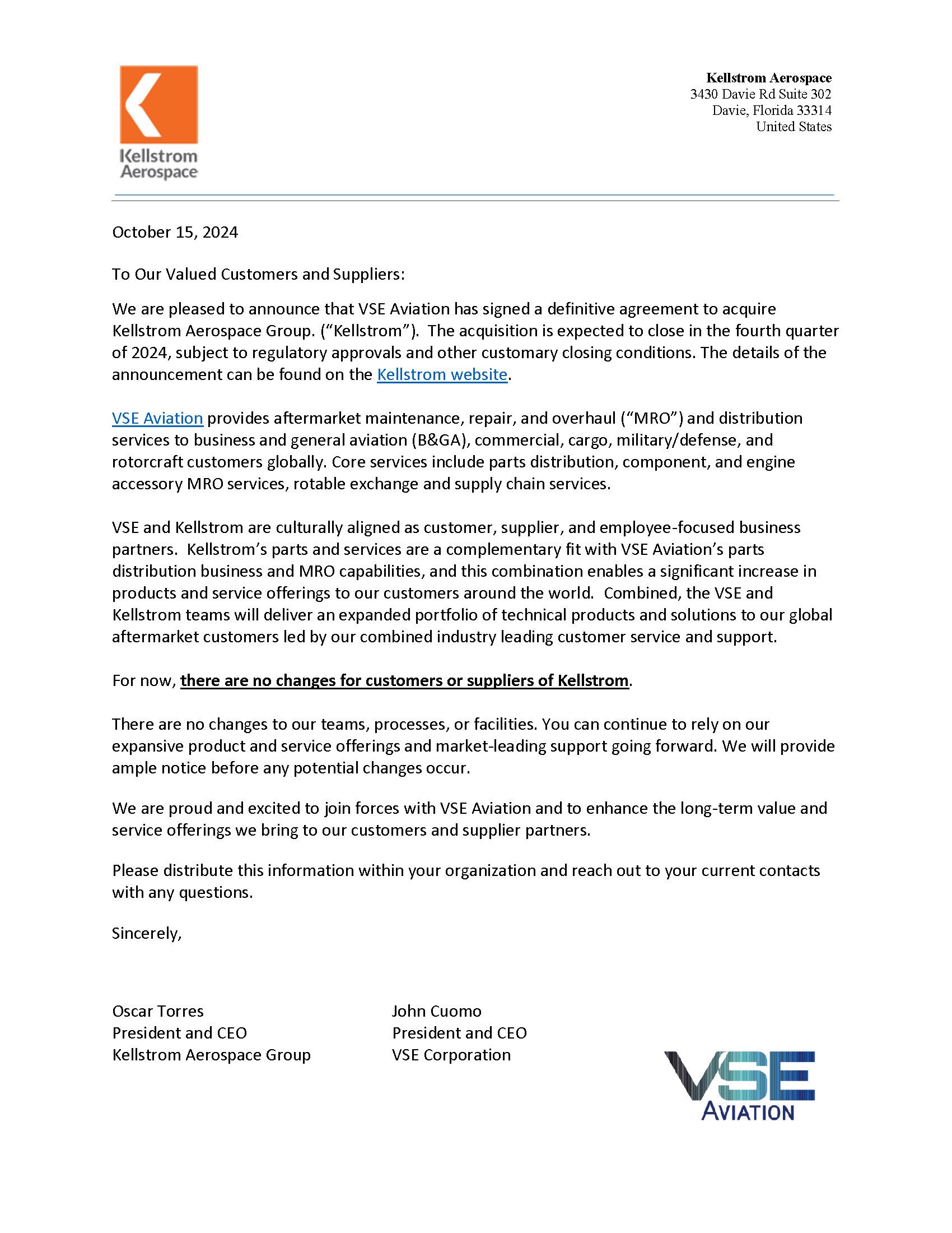 VSE Corporation Announces Acquisition of Kellstrom Aerospace